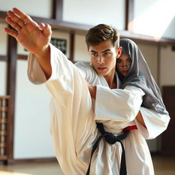 A handsome young man showcasing his martial arts expertise, in an action pose, demonstrating a high kick with intense concentration on his face