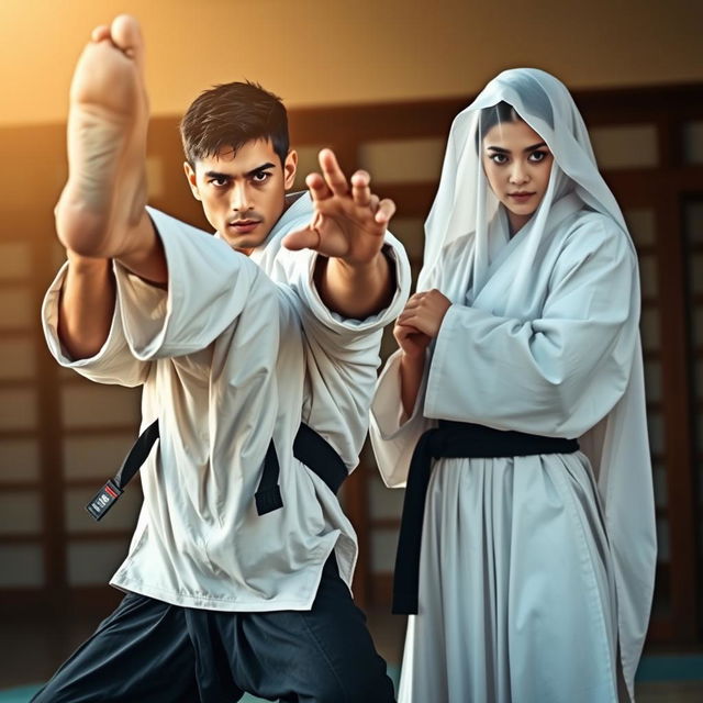 A handsome young man showcasing his martial arts expertise, in an action pose, demonstrating a high kick with intense concentration on his face