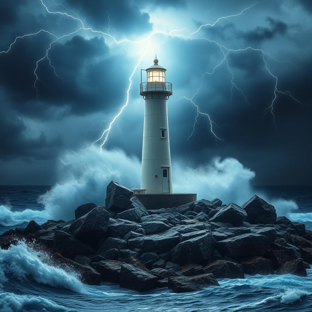 A lone lighthouse standing strong against a raging storm, showcasing its strength and resilience