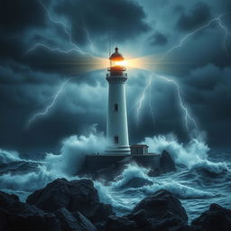 A lone lighthouse standing strong against a raging storm, showcasing its strength and resilience