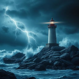 A lone lighthouse standing strong against a raging storm, showcasing its strength and resilience
