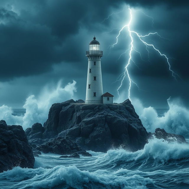 A lone lighthouse standing strong against a raging storm, showcasing its strength and resilience