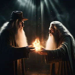 Albus Dumbledore from Harry Potter and Gandalf from Lord of the Rings fiercely engaged in a magical duel, with dramatic lighting and intense expressions.