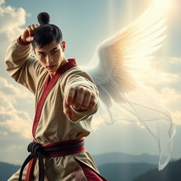 A handsome young man, depicted as a martial arts expert showcasing his skills, with a strong and confident stance
