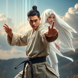 A handsome young man, depicted as a martial arts expert showcasing his skills, with a strong and confident stance