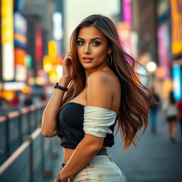 A stunning, alluring woman in a fashionable outfit, showcasing her confidence and beauty