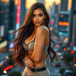 A stunning, alluring woman in a fashionable outfit, showcasing her confidence and beauty