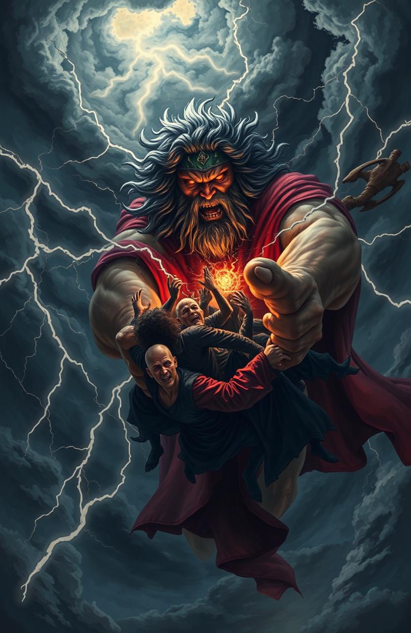 A dramatic scene depicting a powerful and wrathful deity holding the souls of sinners in a dark, stormy sky