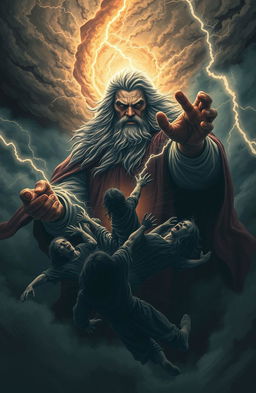 A dramatic scene depicting a powerful and wrathful deity holding the souls of sinners in a dark, stormy sky