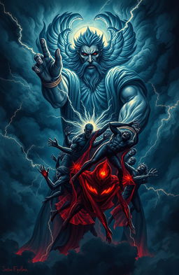 A dramatic scene depicting a powerful and wrathful deity holding the souls of sinners in a dark, stormy sky