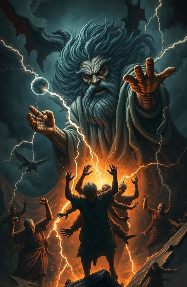 A dramatic scene depicting a powerful and wrathful deity holding the souls of sinners in a dark, stormy sky