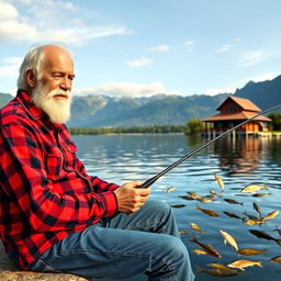 An elderly man with a white beard, 65 years old, sitting by a lake while fishing