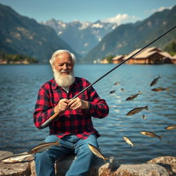 An elderly man with a white beard, 65 years old, sitting by a lake while fishing
