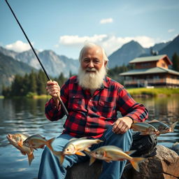 An elderly man with a white beard, 65 years old, sitting by a lake while fishing
