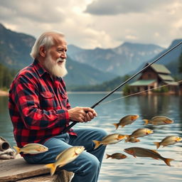 An elderly man with a white beard, 65 years old, sitting by a lake while fishing