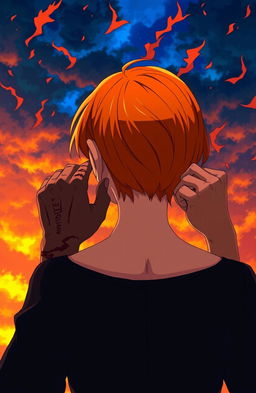An anime woman with bright ginger hair, viewed from the back, under a dramatic sky filled with vibrant blue and orange flames