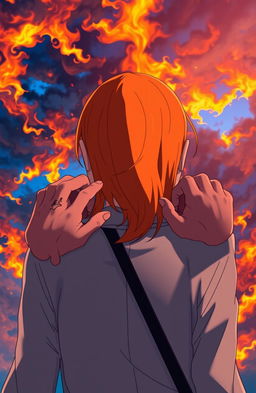 An anime woman with bright ginger hair, viewed from the back, under a dramatic sky filled with vibrant blue and orange flames