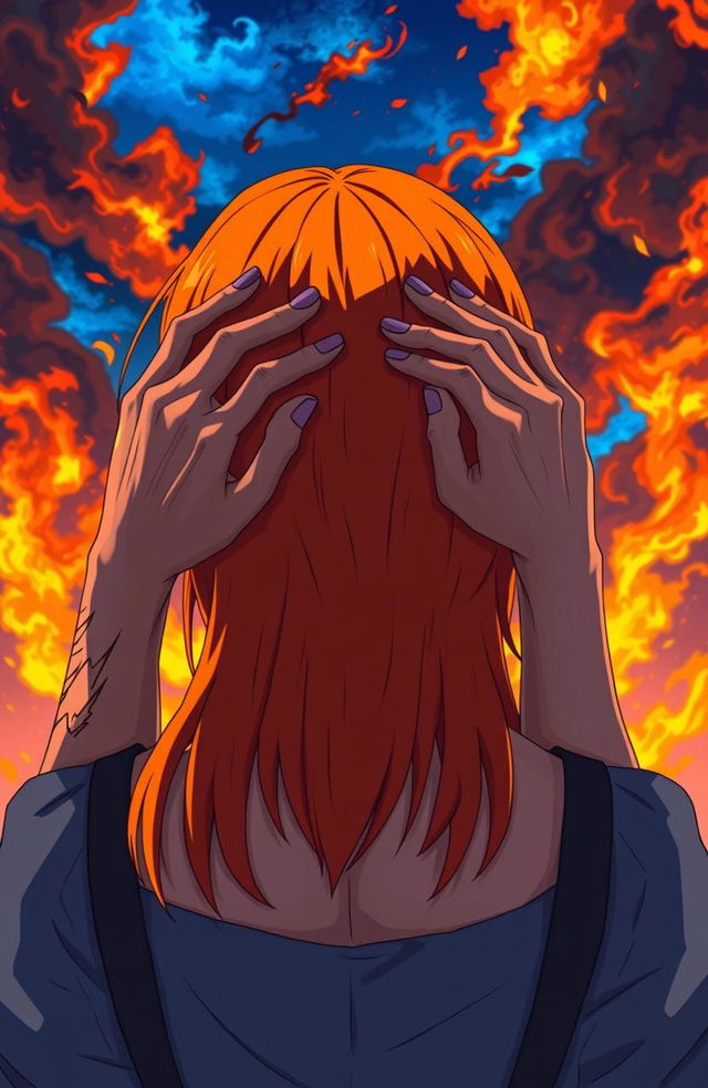 An anime woman with bright ginger hair, viewed from the back, under a dramatic sky filled with vibrant blue and orange flames