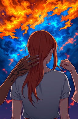 An anime woman with bright ginger hair, viewed from the back, under a dramatic sky filled with vibrant blue and orange flames