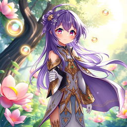 An intricately detailed anime-style character standing against a vibrant fantasy backdrop
