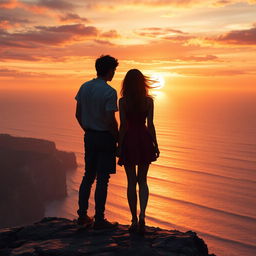Silas and Elara standing together on a rugged cliff, gazing out over the expansive sea as the setting sun bathes the scene in a warm, golden glow