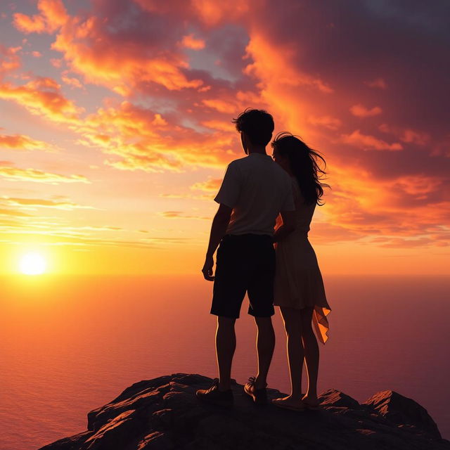 Silas and Elara standing together on a rugged cliff, gazing out over the expansive sea as the setting sun bathes the scene in a warm, golden glow