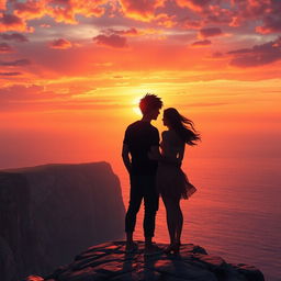 Silas and Elara standing together on a rugged cliff, gazing out over the expansive sea as the setting sun bathes the scene in a warm, golden glow