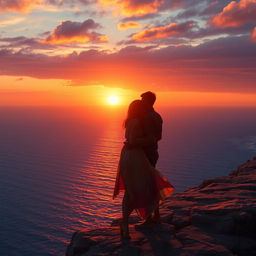 Silas and Elara standing together on a rugged cliff, gazing out over the expansive sea as the setting sun bathes the scene in a warm, golden glow