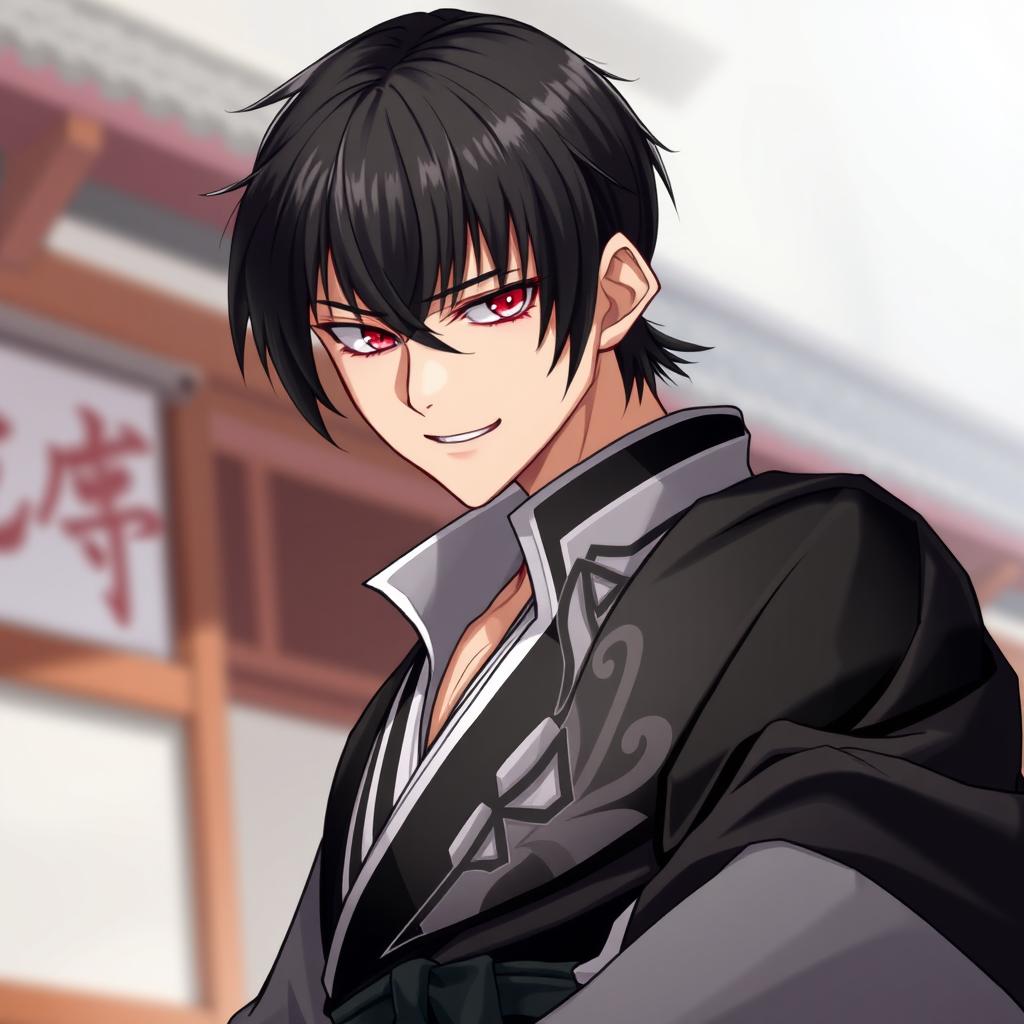 A 25-year-old male character with short, sleek black hair and a fringe, depicted with striking red eyes that convey a sadistic smile