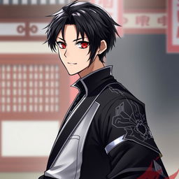 A 25-year-old male character with short, sleek black hair and a fringe, depicted with striking red eyes that convey a sadistic smile