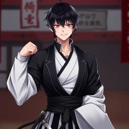 A 25-year-old male character with short, sleek black hair and a fringe, depicted with striking red eyes that convey a sadistic smile