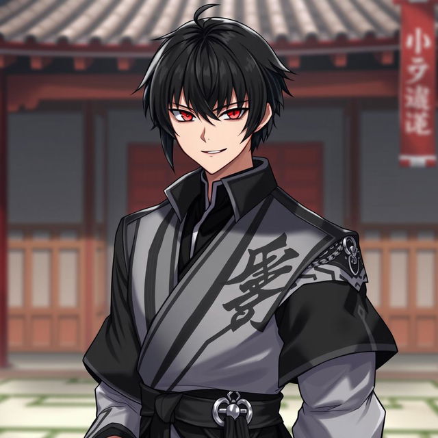 A 25-year-old male character with short, sleek black hair and a fringe, depicted with striking red eyes that convey a sadistic smile