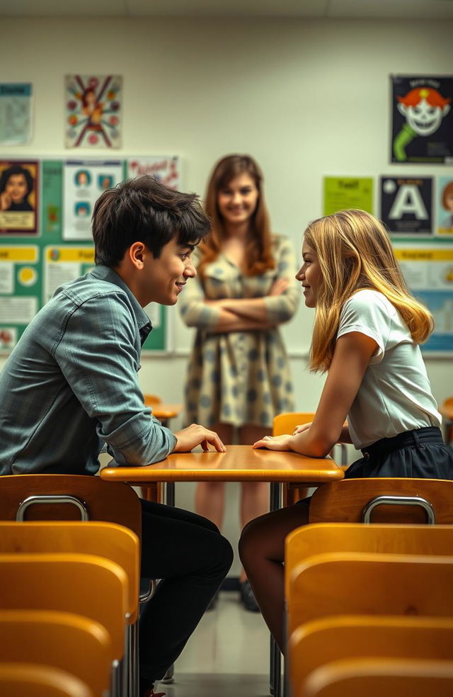 A scene in a classroom where two students, a male and a female, are sitting at their desks facing each other, their eyes locked in a playful yet intense gaze