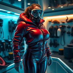 A stunning woman with a curvy figure, dressed in a glossy red puffy cold water immersion suit that emphasizes her attractive shape