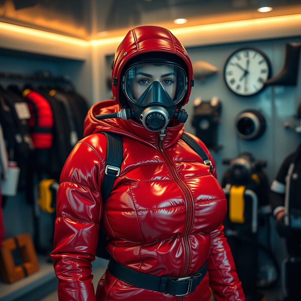 A stunning woman with a curvy figure, dressed in a glossy red puffy cold water immersion suit that emphasizes her attractive shape