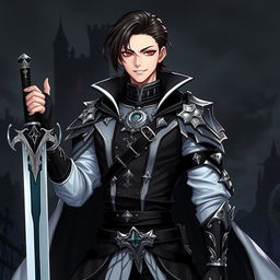 A 25-year-old male villain character in a fantasy medieval style, with short, sleek black hair and a fringe