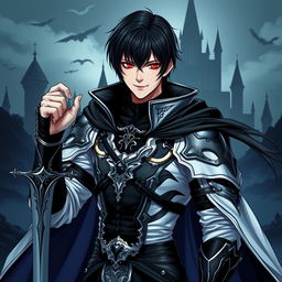 A 25-year-old male villain character in a fantasy medieval style, with short, sleek black hair and a fringe