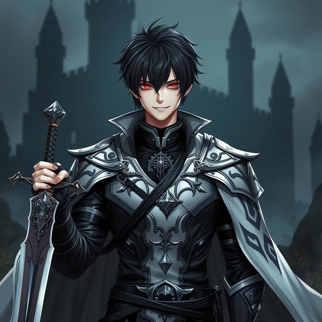 A 25-year-old male villain character in a fantasy medieval style, with short, sleek black hair and a fringe