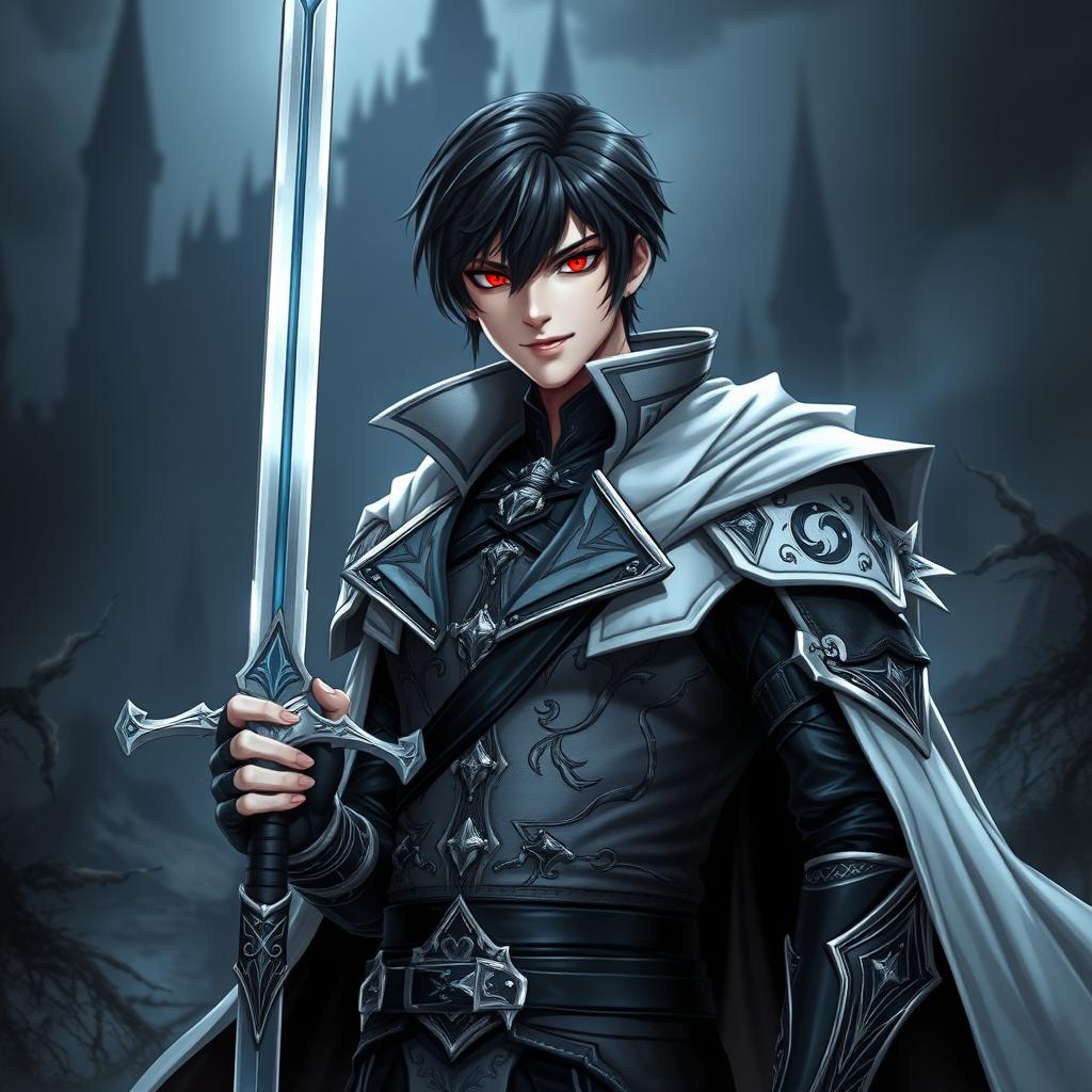 A 25-year-old male villain character in a fantasy medieval style, with short, sleek black hair and a fringe