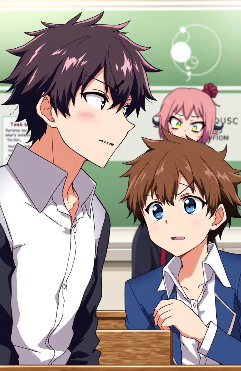 In a classroom setting, two male characters are positioned in the foreground