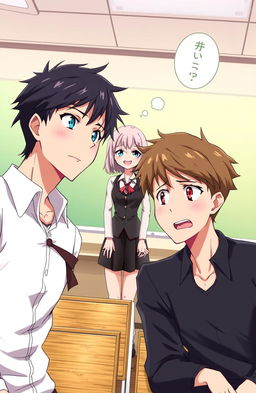In a classroom setting, two male characters are positioned in the foreground