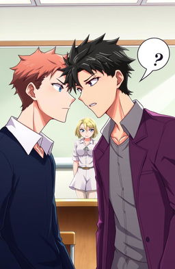 In a classroom setting, two male characters are positioned in the foreground