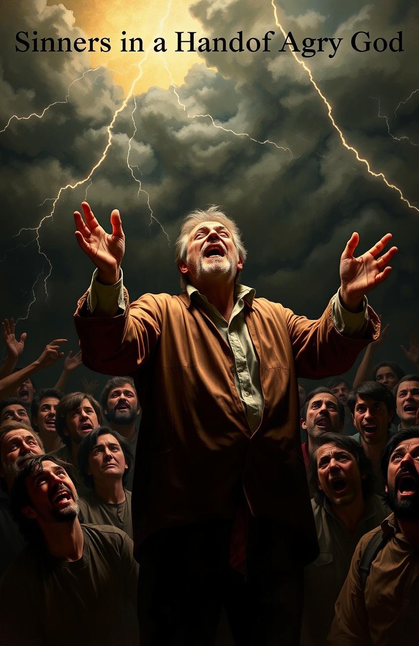 A dramatic interpretation of the famous sermon 'Sinners in the Hands of an Angry God', showcasing a powerful and intense scene