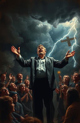 A dramatic interpretation of the famous sermon 'Sinners in the Hands of an Angry God', showcasing a powerful and intense scene