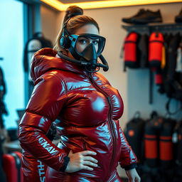 A beautiful woman with a curvy figure, wearing a shiny red puffy cold water immersion suit that highlights her attractive shape