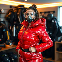 A beautiful woman with a curvy figure, wearing a shiny red puffy cold water immersion suit that highlights her attractive shape