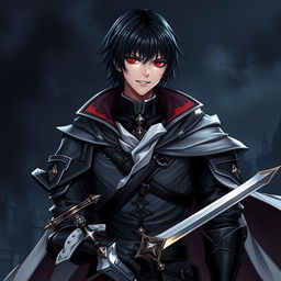 A 25-year-old male villain character in a fantasy medieval style, featuring short, sleek black hair with a fringe