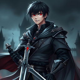 A 25-year-old male villain character in a fantasy medieval style, featuring short, sleek black hair with a fringe
