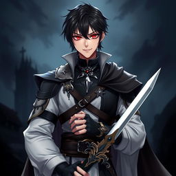 A 25-year-old male villain character in a fantasy medieval style, featuring short, sleek black hair with a fringe