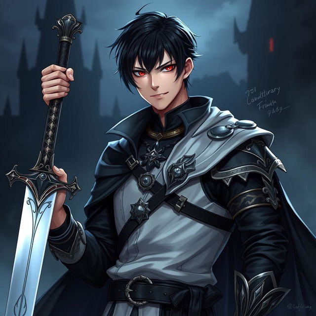 A 25-year-old male villain character in a fantasy medieval style, featuring short, sleek black hair with a fringe